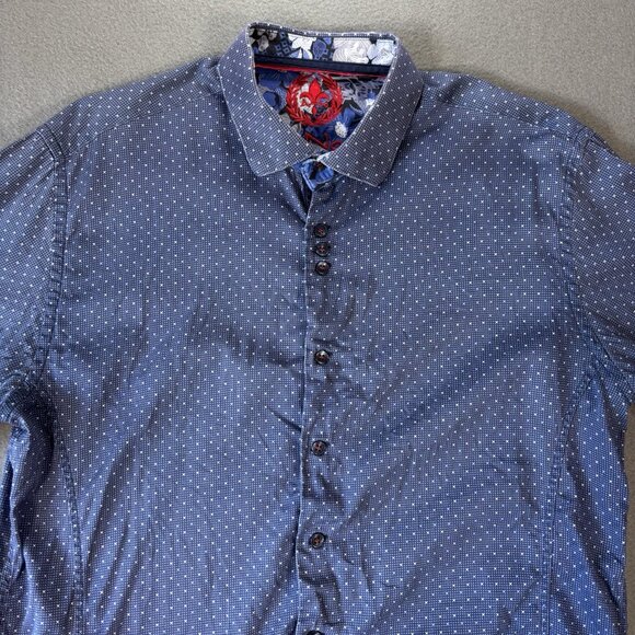Au Noir Mens Button Up Shirt Size 4 Blue Polka Dot Flip Cuff Going Out Faded - Picture 2 of 16